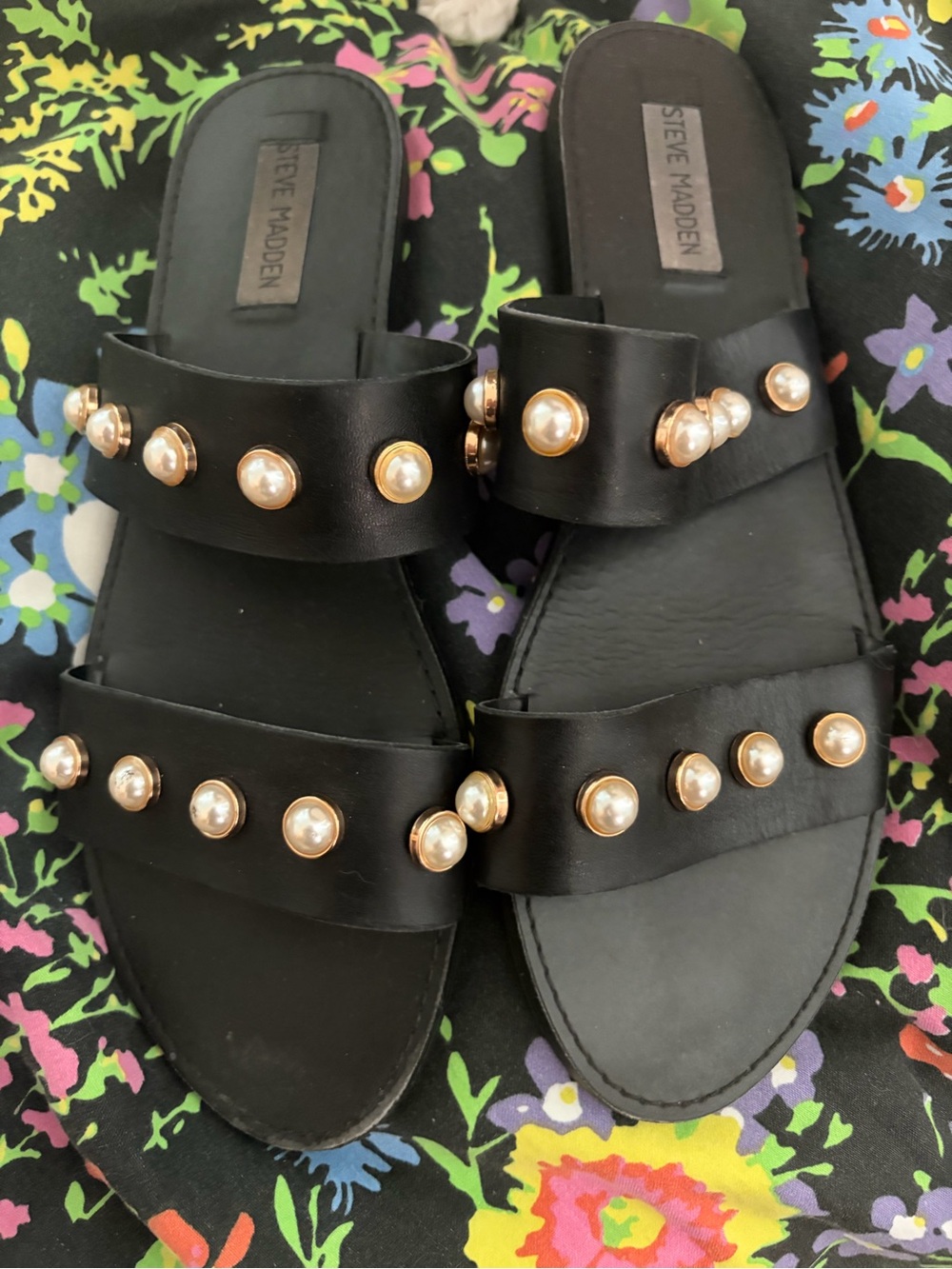 Steve Madden Black Slide Sandals with Pearl Studs
